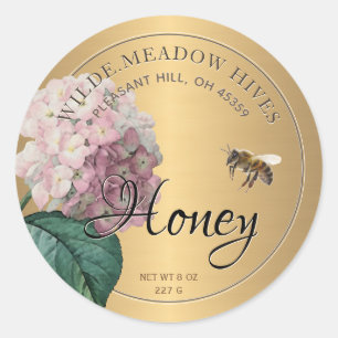 Gold Honey Sticker with bee pink hydrangea flower