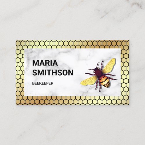 Gold Honeycomb White Marble Honey Bee Beekeeper Business Card