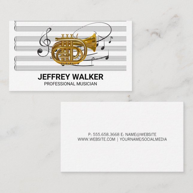 Gold Horn Instrument | Music Sheet | Notes Business Card (Front/Back)