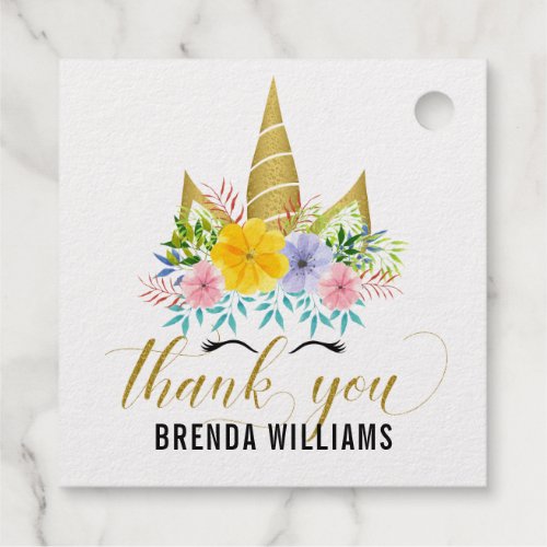 Gold horn unicorn  flowers thank you typography foil favor tags