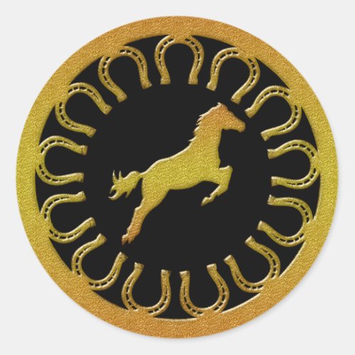 GOLD HORSE AND HORSESHOES CLASSIC ROUND STICKER