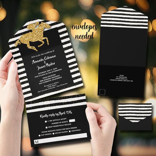 Gold Horse Black and White Stripes Wedding All In One Invitation