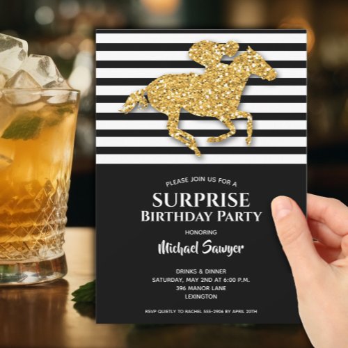 Gold Horse Black White Stripes Birthday Invitation