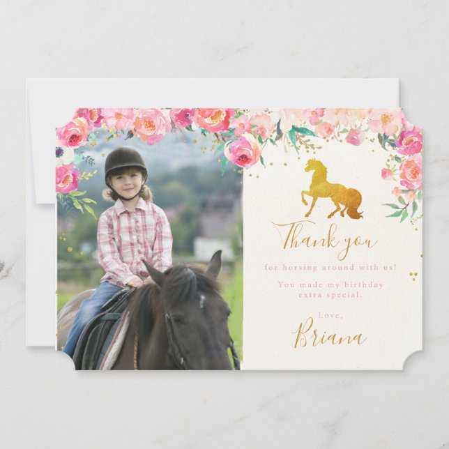 Gold Horse & Floral Photo Thank you card (Front)