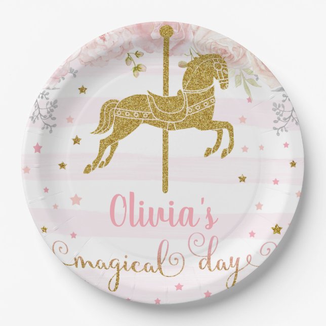 Gold horse girl birthday customized paper plate. paper plates (Front)