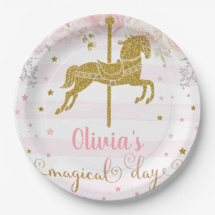 Gold horse girl birthday customized paper plate. plates