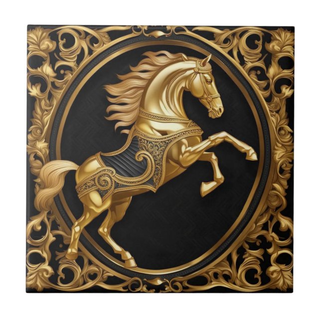 Gold horse gold and black ornamental frame ceramic tile (Front)