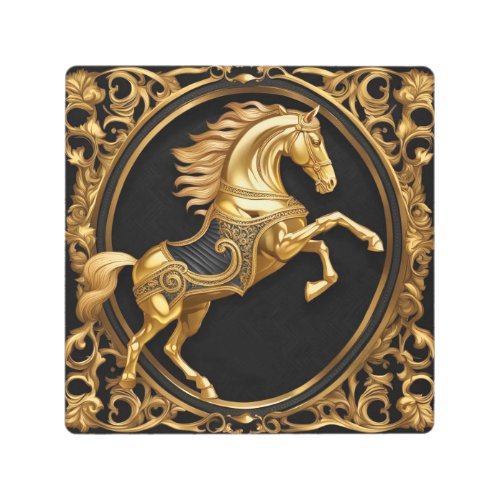 Gold horse gold and black ornamental frame metal print