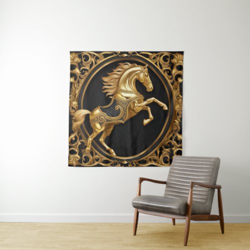Gold horse gold and black ornamental frame tapestry