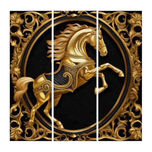 Gold horse gold and black ornamental frame triptych