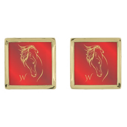 Gold Horse Head Monogrammed Initials Scarlet Red Cufflinks
