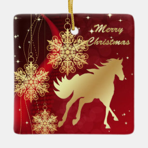Gold Horse Merry Christmas Ceramic Ornament