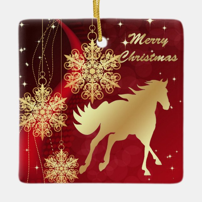 Gold Horse Merry Christmas Ceramic Ornament (Front)