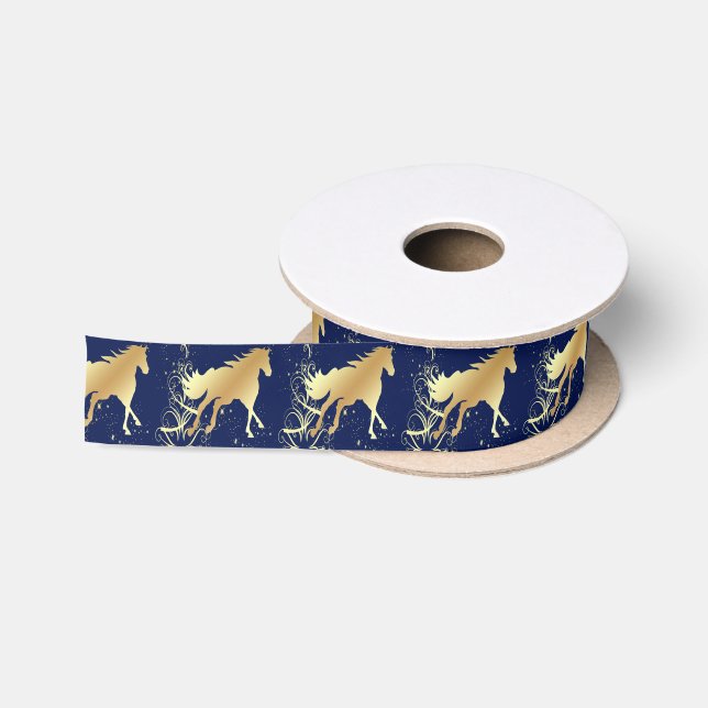 Gold Horse On Blue Holiday Theme Gift Ribbon (Spool)