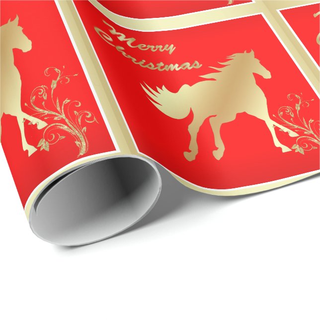 Gold Horse on Red Merry Christmas Wrapping Paper (Roll Corner)