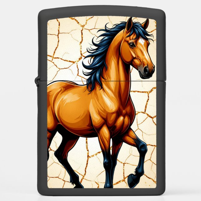 Gold Horse with Flowing Black Mane Zippo Lighter (Front)
