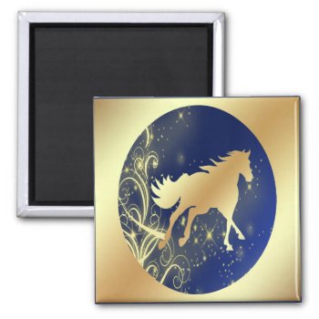 Gold Horse With Gold Accents On Blue And Gold Magnet by RODEODAYS at Zazzle