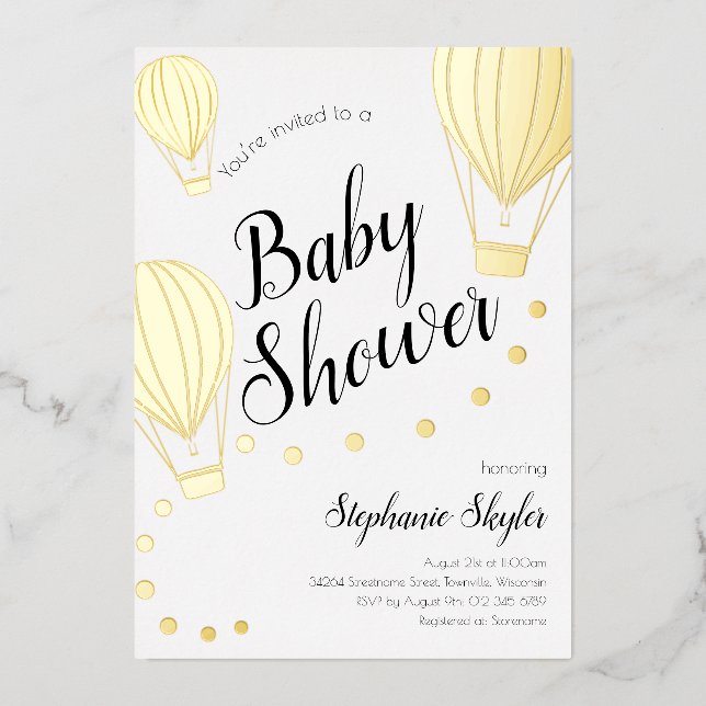 Gold Hot Air Balloon Baby Shower Foil Invitation (Front)