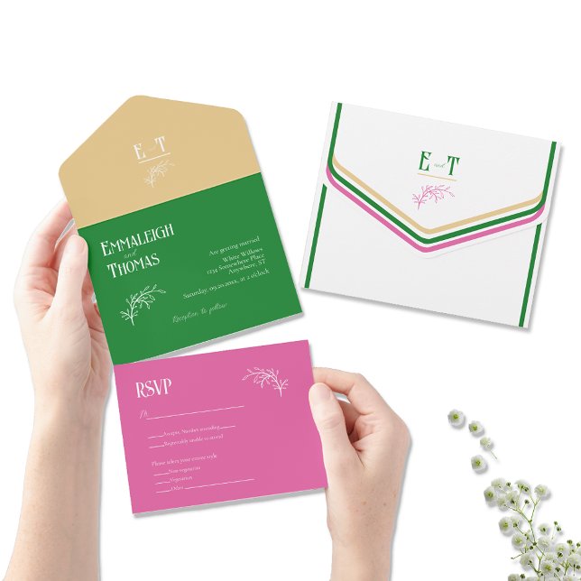 Gold Hot Pink and Green Simple Modern Wedding All In One Invitation (Creator Uploaded)