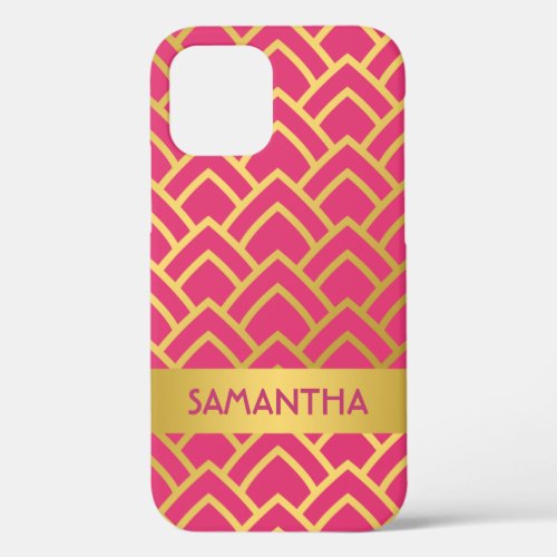 Gold Hot Pink Art Deco Geometric Personalized Name iPhone 12 Case