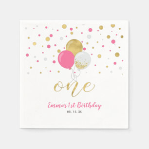 Gold Hot Pink Balloons Confetti Girl 1st Birthday Napkins