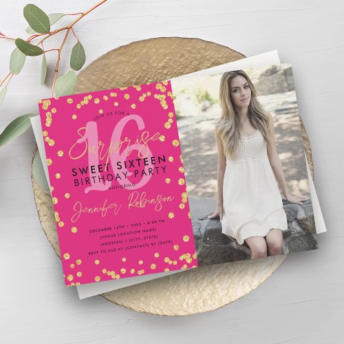 Gold Hot Pink Confetti Photo Surprise Sweet 16  Invitation
