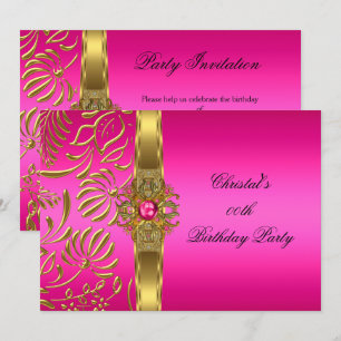 Gold Hot Pink Damask Elite Elegant Birthday Party Invitation