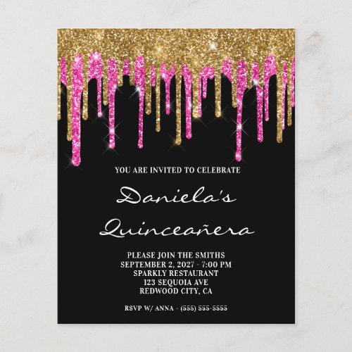 Gold Hot Pink Glitter Drip Quinceaera Invite