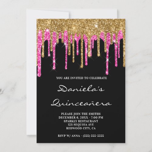 Gold Hot Pink Glitter Drips Black Quinceaera Invitation