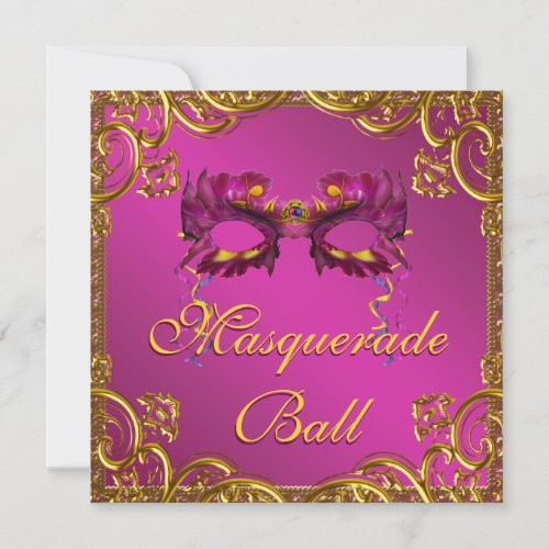 Gold Hot Pink Mask Masquerade Ball Party Invitation