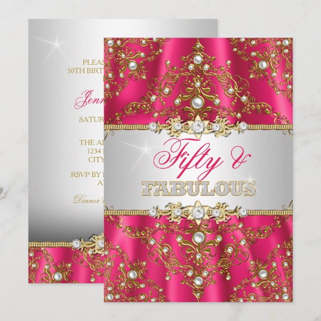 Gold & Hot Pink Pearl Damask Fifty and Fabulous Invitation (Front/Back)