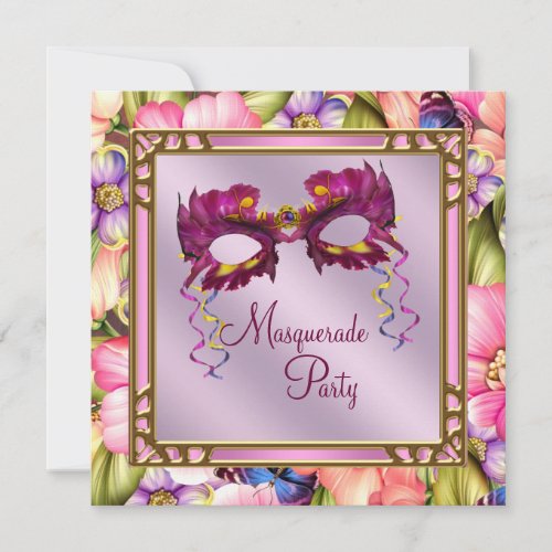 Gold Hot Pink Pink Purple Mask Masquerade Party Invitation