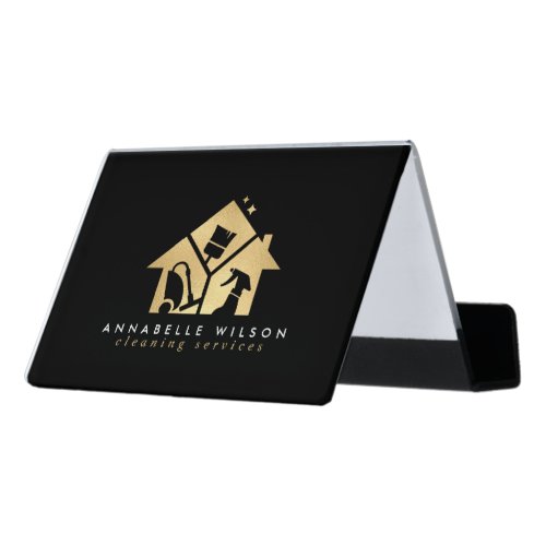 Gold House Cleaning Services  Desk Business Card Holder