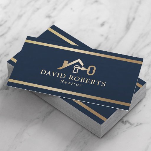 Customizable Gold House &amp; Key Logo Real Estate Realtor Navy Business Card
