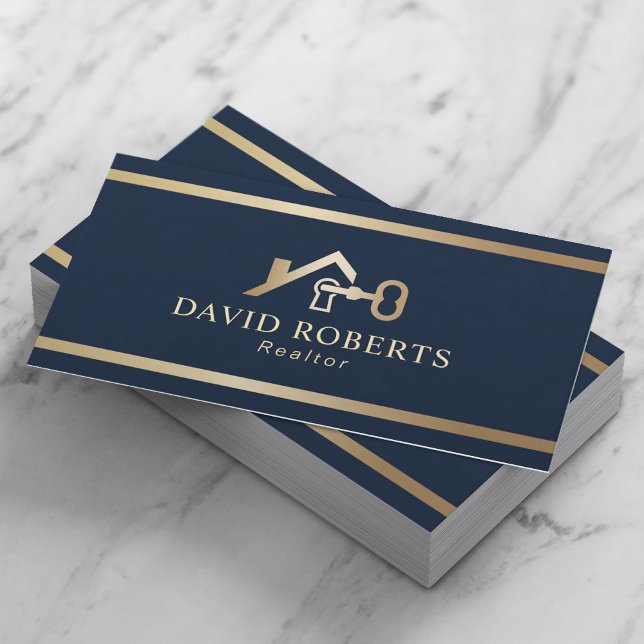 Gold House & Key Logo Real Estate Realtor Navy Business Card (Creator Uploaded)