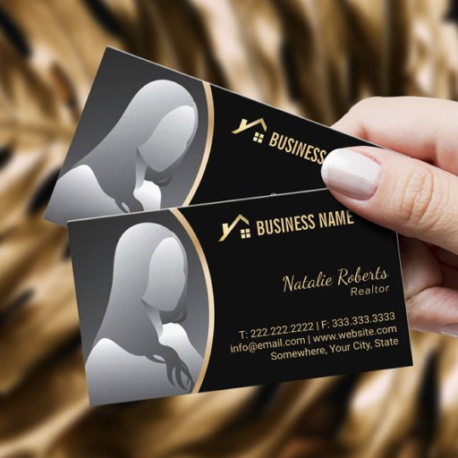 Customizable Gold House Logo Real Estate Realtor Black Photo Business Card