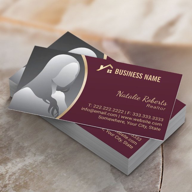 Gold House Logo Real Estate Realtor Burgundy Red Business Card (Creator Uploaded)
