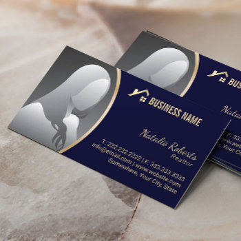 Gold House Logo Real Estate Realtor Navy Photo Business Card by cardfactory at Zazzle