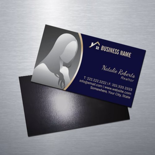 Gold House Logo Real Estate Realtor Navy Photo Business Card Magnet