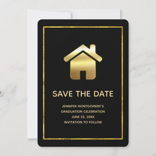 Gold House Symbol Real Estate Graduation Save The Date (Front)
