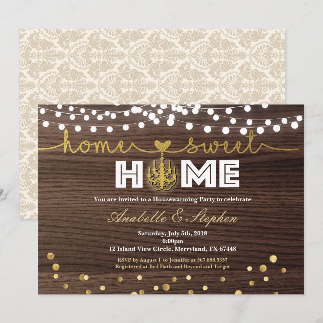 Gold housewarming party invitation rustic wood (Front/Back)