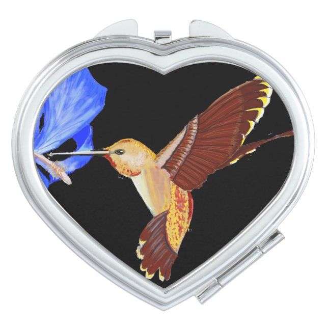 Gold Hummingbird and Blue Hibiscus Heart Shaped Compact Mirror (Front)