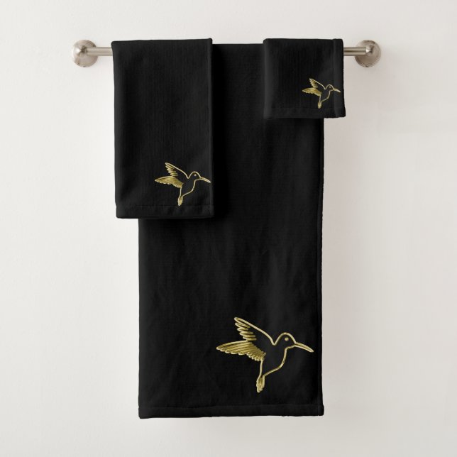 Gold Hummingbird with wings stretched out (bl) Bath Towel Set (Insitu)