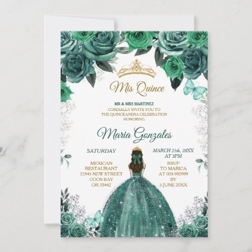 Gold  Hunter Emerald Green Mis Quince Invitation