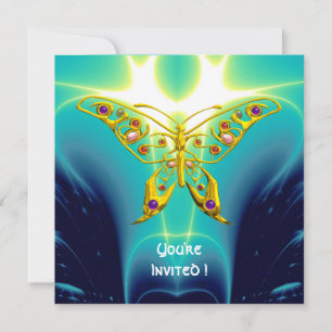 GOLD HYPER BUTTERFLY,Gems,Teal Blue Fractal Waves Invitation