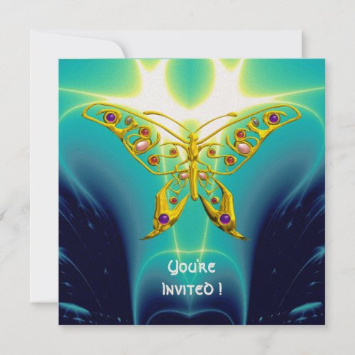 GOLD HYPER BUTTERFLYGemsTeal Blue Fractal Waves Invitation