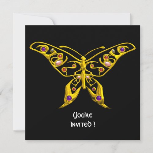 GOLD HYPER BUTTERFLYGEMSTONES Black Wedding Invitation