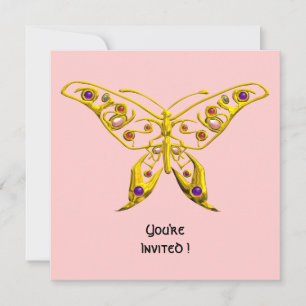 GOLD HYPER BUTTERFLY,GEMSTONES Pink Wedding Invite