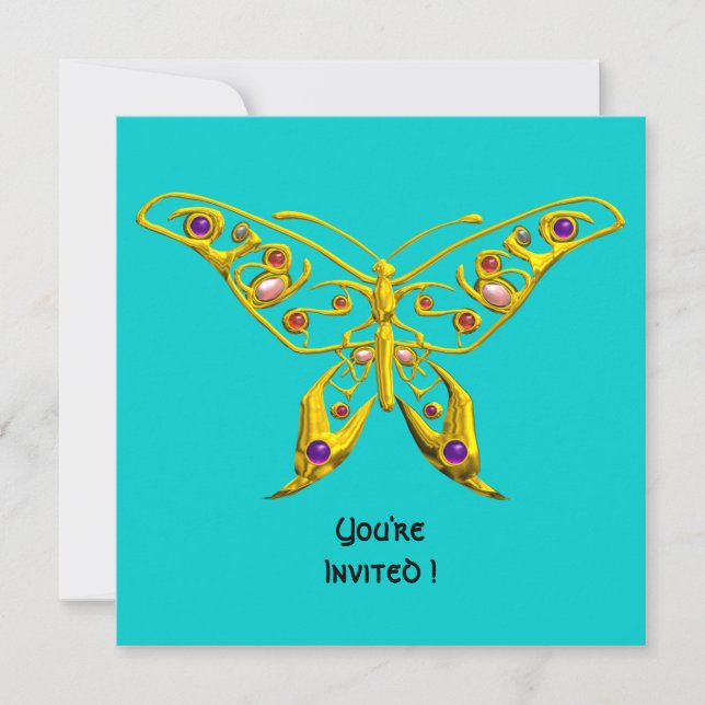 GOLD HYPER BUTTERFLY,GEMSTONES,Turquoise Blue Invitation (Front)
