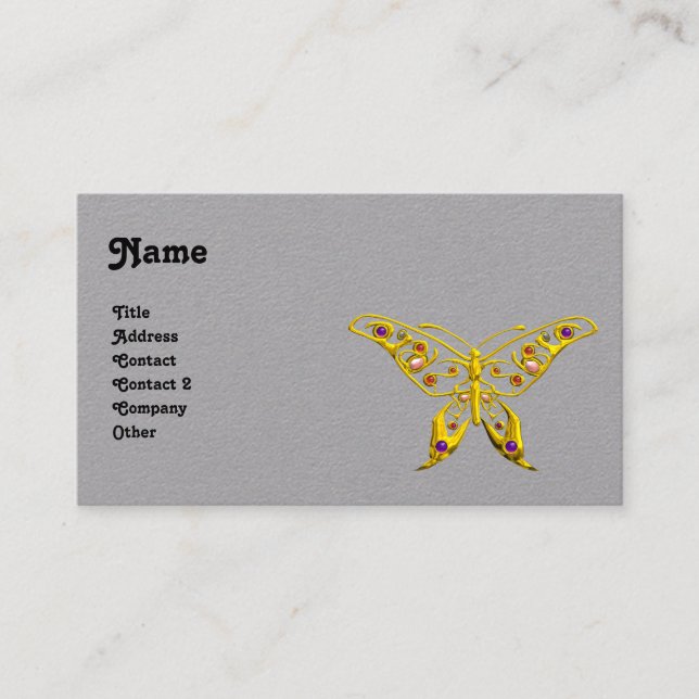 GOLD HYPER BUTTERFLY Grey Paper Business Card (Front)